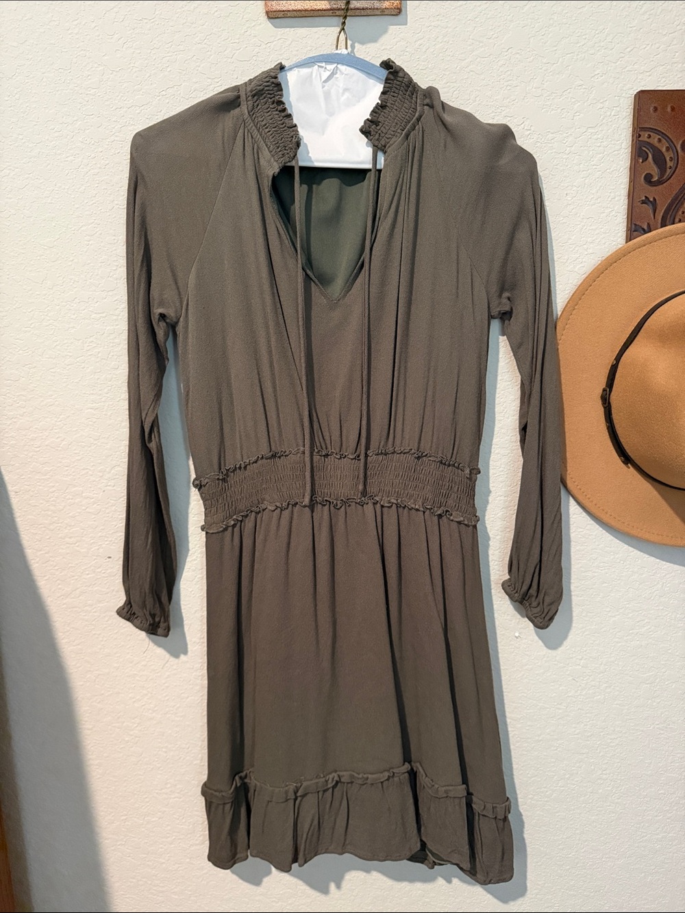Altar'd State Olive Green Long Sleeve Smocked Waist Dress